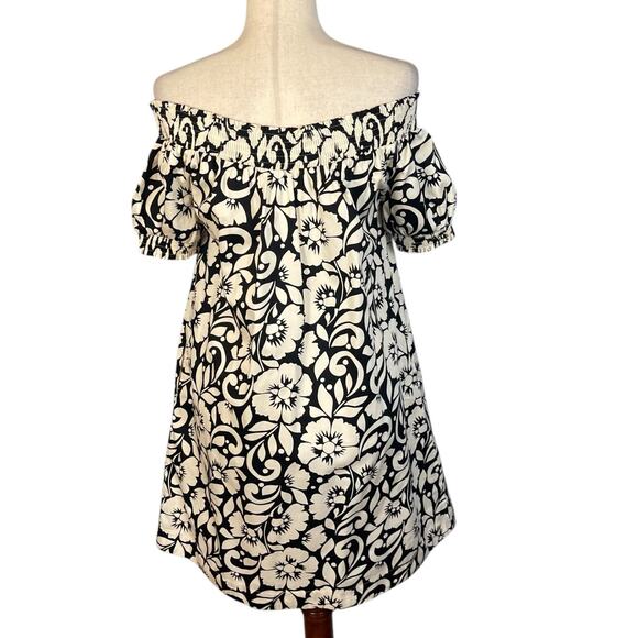 Boden Off Shoulder Mini Dress Tropical Black White Size 6 - Picture 7 of 12